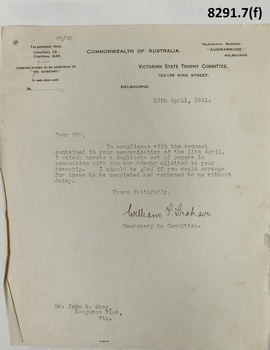 Correspondance re Kangaroo Flat War Memorial.