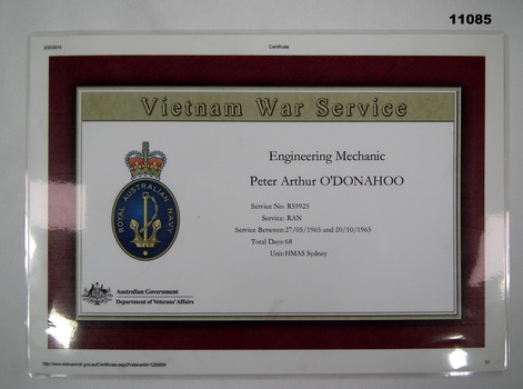 Certificate detailing Vietnam War Service of Peter Arthur O'Donahoo.