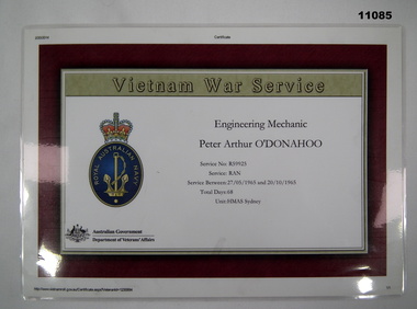 Certificate detailing Vietnam War Service of Peter Arthur O'Donahoo.