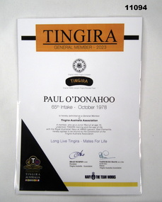Certificate issued to Paul O'Donahoo on joining the Tingira Australia Association.