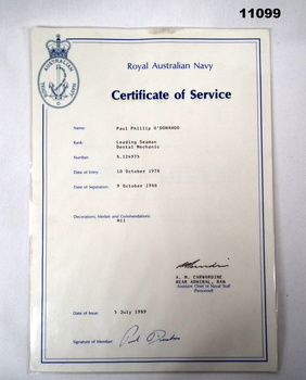 Certificate of Service in the RAN for Paul Phillip O'Donahoo.