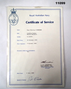 Certificate of Service in the RAN for Paul Phillip O'Donahoo.