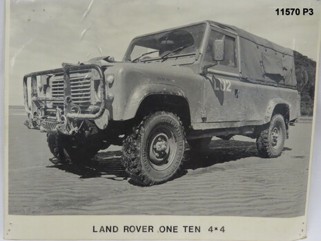 Black and white photo of Army Land Rover.