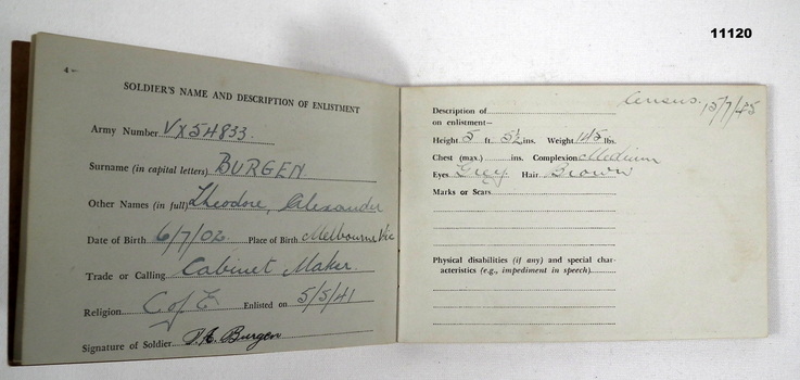Record of Service Book, WW2, Burgen.