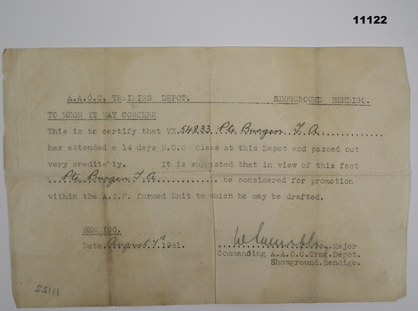 Corporal Training Pass Certificate.