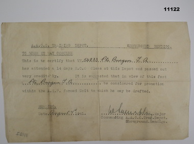 Corporal Training Pass Certificate.