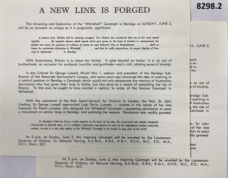 Two sheets with details of Cenotaph opening.
