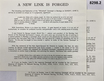 Two sheets with details of Cenotaph opening.