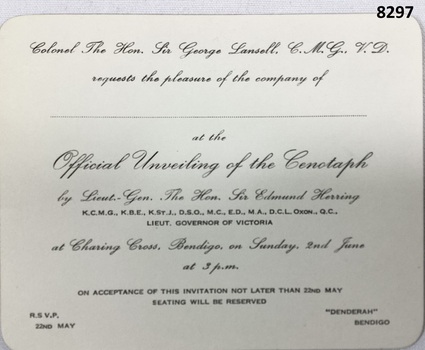 Invitation to the New Bendigo Cenotaph
