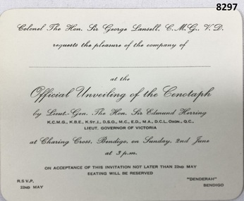 Invitation to the New Bendigo Cenotaph