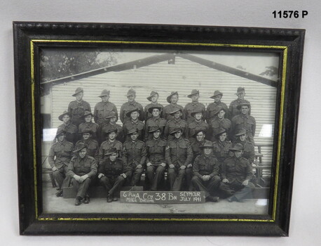 Framed black and white photograph, 38th Battalion, Seymour 1941.