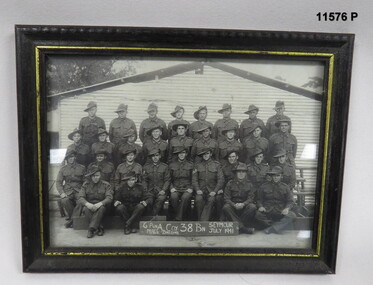 Framed black and white photograph, 38th Battalion, Seymour 1941.
