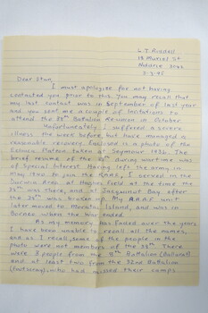 Letter in reference to photo of 38th Battalion, Page 1.