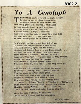 Poem written about the Bendigo Cenotaph.