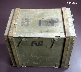 Metal and wooden box with handles.