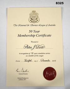 Certificate 50 years member of the RSL.