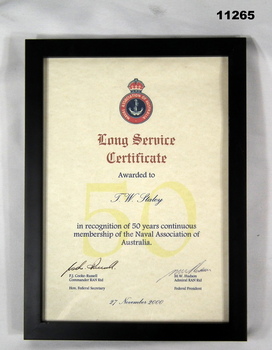 Framed Naval Association of Australia, Long Service Certificate.