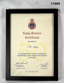 Framed Naval Association of Australia, Long Service Certificate.