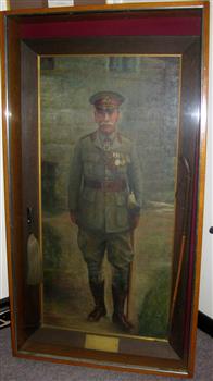 Portrait of Maj Gen J K Forsyth CMG, CO 4th Light Horse Regiment in glass case with display including his riding crop and fly whisk.