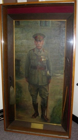 Portrait of Maj Gen J K Forsyth CMG, CO 4th Light Horse Regiment in glass case with display including his riding crop and fly whisk.