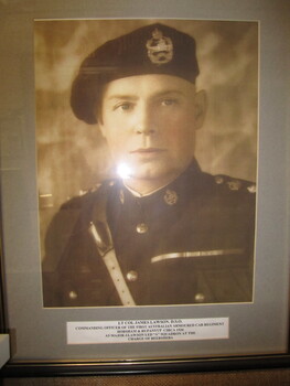Framed b&w head and shoulders photo of LT COL James Lawson DSO