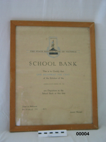Certificate for school bank, The State Savings Bank School Bank Certificate, 1963 (estimated); Assumed to be printed in the same year the certificate was presented