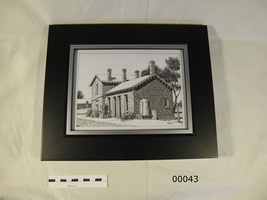 Framed pen and ink sketch of Yendon station, Mervyn Hill, 2010