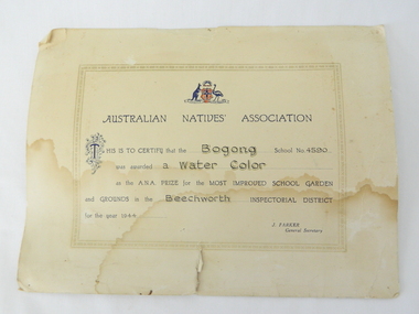 Certificate Prize - Bogong School, Australian Natives Association, 1944