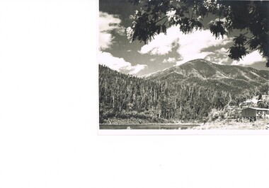 Photograph from Lake Guy, Bogong Village, Scene from shores of Lake Guy to Mountain range, 1930s to 1950s