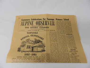 Newspaper Article - Tawonga School Centenary 1980 x2, Alpine Courier incorporating The Hydro Courier, 1980