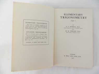 Book - Maths, C.V.DURELL & R.M.WRIGHT, Elementary Trigonometry - Part 1, April 1938