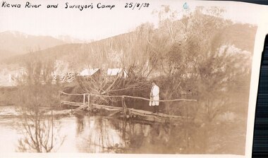 Black and white photograph of Surveyor's Camp, 1938, Kiewa River and surveyor's Camp 25/8/38, 25/08/1938
