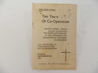 Card - Bogong United Church, Celebrating Ten Years of Co-Operation, 1956