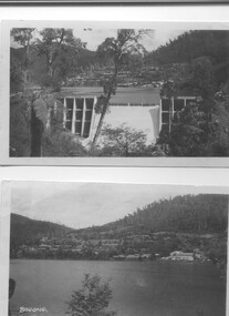 Two black and white photos, Photo downstream view of Junction Dam Wall and photo of Bogong Village and Lake Guy, c1950