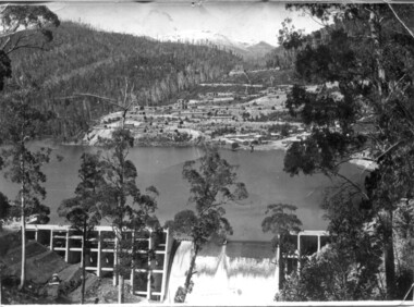 Set of 3 black and white photographs of Lake Guy, Bogong Village and single men's quarters, 1943/44
