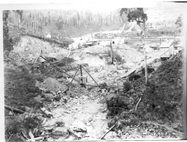 Black and white photo of Junction Dam wall under construction, c1940