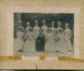 Photographs – Group of 3 old sepia photographs, 2 of women in period costume and 1 of group of nurses from Sunbury sanatorium