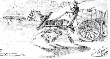 Postcard – Black and white illustration of horse and cart with driver, Circa 1881
