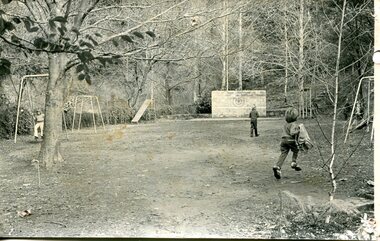 Photograph – black and white photograph of children playing in the school yard at Bogong Village Primary School, Circa late 1960s to early 1970’s