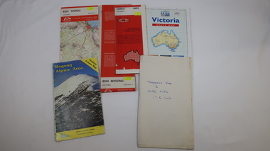 Maps - Bogong x2, Tawonga, Omeo, Dargo, Victoria and others, 1. Bogong Alpine Area; 2. Bogong 8324; 3. Tawonga Topographical; 4. Omeo 8433; 5. Dargo 8323; 6. Victoria State