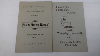 Booklets and Ticket - Kiewa Hydro Athletic Club, 1. The Boxing Tourney 1952    2. Fun & Fitness Revue 1951 and Member's Ticket 1951