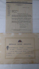 Certificate & letter - Bogong State School prizes, Australian Natives' Association and Australian-American Association