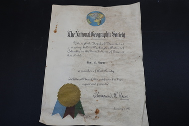 Certificate - Mrs C. Roper, The National Geographic Society