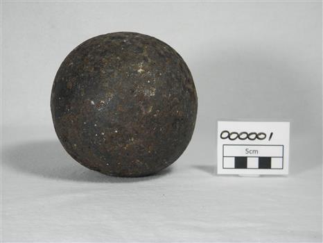 This is a round metal cannonball measuring 5 inches in diameter. 