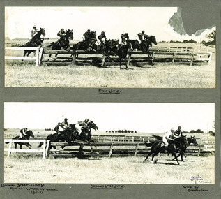 Two photographs of Booval Steeplechase horse race run at Warrnambool on 19 January 1921, taken at the first jump and the second last jump. 