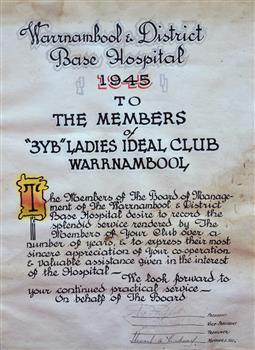 Certificate of Appreciation given by Warrnambool and District Base Hospital Board of Management in 1945