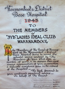 Certificate of Appreciation given by Warrnambool and District Base Hospital Board of Management in 1945