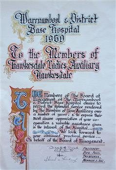 Certificate of appreciation to Hawkesdale Hospital Auxilliary
