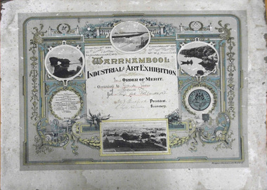 Order of Merit Certificate from the Warrnambool Industrial & Art Exhibition awarded to Gertrude Lewin in 1897
