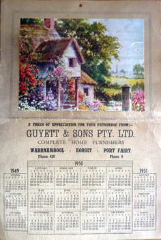 Image shows 1950 calendar with bucolic scene.